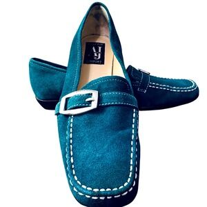 AJ Comfort Teal True Suede Loafers W 8.5 Wide Buckle Stitch Detail Slip On Shoes